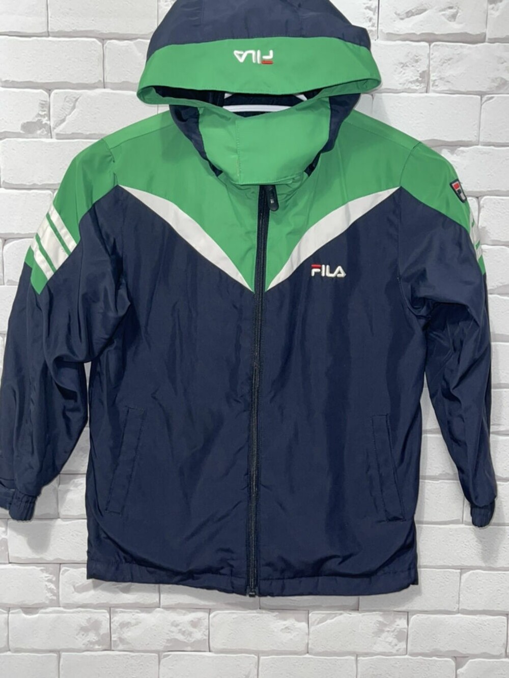 Fila Jacket Kids Medium Multicolor Gortex Nylon Hooded Wind Rain Coat Blue Green